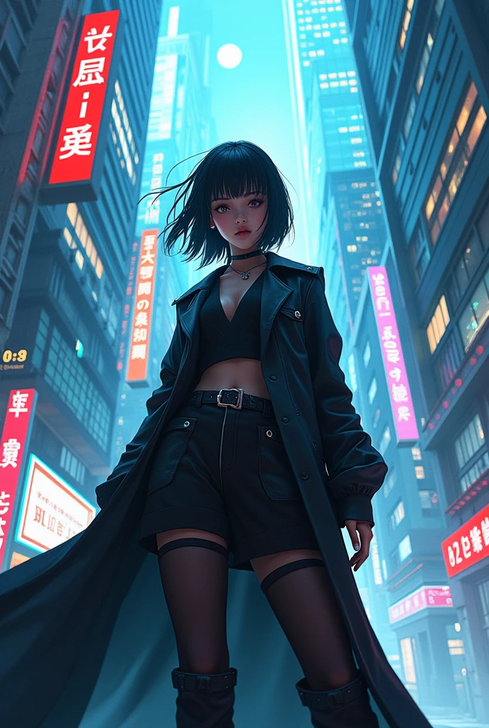 A Japanese woman walking in the city,Buildings,A plant,ssmile,Mixed Korean,The background is blurred out,focal,电影灯光,(((tmasterpiece))), ((best qualtiy)), ((Complex and detailed)), ((ultra-realistic realism)), Ridiculous resolution, A MILF, Mature woman, ssee-through, highly detailed, illustratio, 1girll, (huge tit), beatiful detailed eyes, short detailed hair, brunette color hair, a purple eye, (leisure wear:1.2), jaket, high-necksweater, a skirt, Black collar, 耳Nipple Ring, high-heels, detailed back ground, perfect eyes, Seductive eye, looking at viewert, From the front
