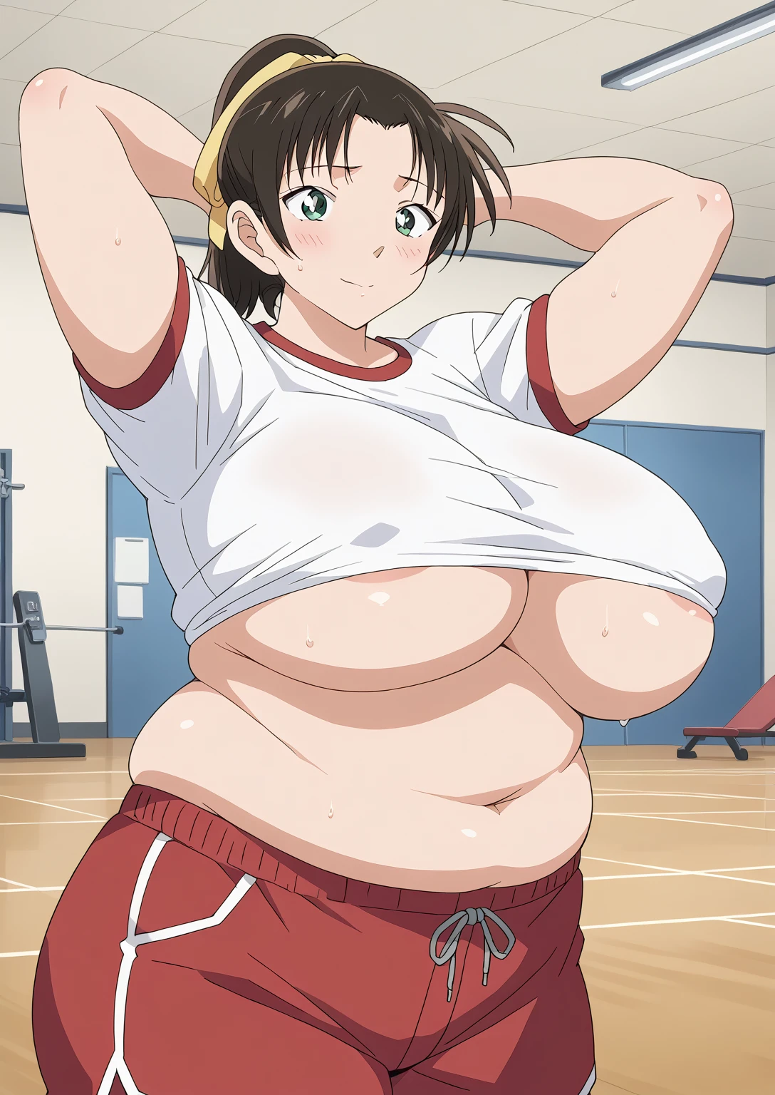 Aoyama Wabe ,tooyama kazuha,  red hair ribbon sighted, ponytail,Black Hair, green eyes,School gym clothes,White short sleeve shirt, Red shorts, score_9,   score_8_up,   score_7_up,   score_6_up,   score_5_up,   score_4_up,     masterpiece   ,   top quality,     very aesthetic  ,    absurd,    source_Anime, Anime screencap,    one woman , Alone,   personal   ,  Super huge breasts, (((Super huge クレビス, Super huge , Super huge boob))), Curvy,   in her 20s,  Mature Woman,   obese , ,  troubled expression,  gym, shirt with lots of underarm hair shows the outline of an erect nipple,　Areola,  I'm sweating a lot,A woman with body odor , Body odor, The underarms of the shirt are stained yellow due to sweat, A woman with smelly armpits , The 