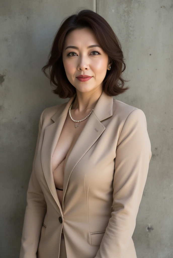 Mature Woman, ( Detailed description of the hair), (Detailed description of the face), (Detailed description of the body), high definition , masterpiece,  top quality ,  high detail, formal: 1.4), ( realistic : 1.2, 超 realistic な: 1.1,  realistic: 1.37), ( sharp focus : 1.4),  is written by,  looking up with moist eyes,  wavy hair , ,  unrivaled beauty , (Ultimate beauty), (lipstick:1.1), ( eyeliner :1.2), ( mascara), ( Eye Shadow ), (48 years old,: 1.4), Japanese、 closeup 、 fine lines of laughter :1.2、seductive smile,(Cabin Attendant Uniform with Beige x Single Button Jacket and Slit Skirt)、( Concrete wall background )