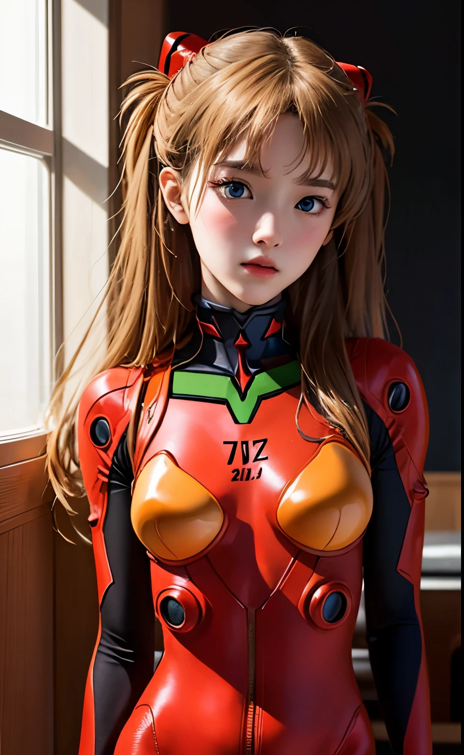 (Masterpiece: 1.4, top quality), (intricate details), Unity8k wallpaper, super detailed, beautiful and mysterious, detailed background, realistic, solo, perfect detail face, detailed blue eyes, very detailed, blush, hair ornament, chignon mahogany hair, (blonde hair), plug suit 02,Shikinami Asuka Langley, Evangelion, slender 15-year-old girl, full body suit, black background