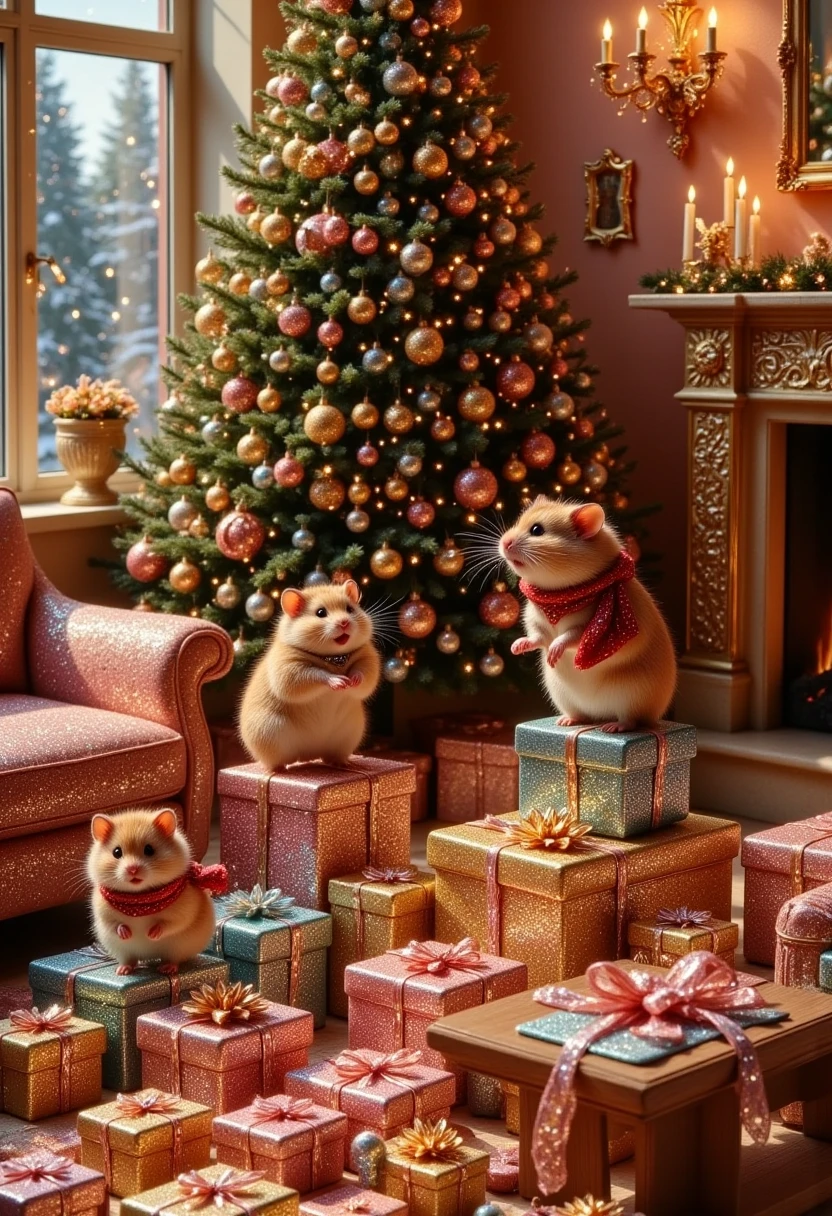 A magical Christmas morning scene in a Disney and Pixar-inspired 3D animation style, rendered in ultra-realistic 8K. A cozy, festive living room glows with warm, golden light streaming through frosty windows. At the heart of the room, a stunning Christmas tree stands tall, its branches adorned with twinkling fairy lights, sparkling ornaments, glistening tinsel, and a glowing star at the top. Wrapped presents of every size and color, tied with intricate ribbons, spill out from beneath the tree, radiating excitement and joy.

Instead of ren, adorable, fluffy, chubby hamsters are the stars of this scene. These hamsters, animated with expressive, human-like features, are filled with holiday cheer. Some are jumping gleefully on stacks of brightly wrapped presents, while others are tearing open gifts with tiny, eager paws, revealing miniature toys and treats. One hamster, wearing a festive red scarf, holds a tiny candy cane, while another balances precariously on a ribboned gift box, their fluffy cheeks puffed out in excitement. Their fur is luxuriously soft, every strand perfectly textured to emphasize their round, cuddly forms.

The warm, festive room enhances the joyful atmosphere: a roaring fireplace crackles to one side, its mantel adorned with glittering stockings, garlands of pine, and glowing candles. In the background, a plush sofa draped with cozy holiday-themed blankets adds a homely touch. A wooden coffee table holds a tray of steaming cocoa mugs and tiny cookies, as though ready for both hamsters and human guests.

The entire scene bursts with holiday charm, with every detail in sharp focus: the fluffy fur of the hamsters, the delicate pine needles of the tree, the shimmering lights, and the textures of the gifts and decorations. The magical world combines the whimsical charm of Disney and Pixar animation with the joyful spirit of Christmas, creating an enchanting moment full of laughter, warmth, and holiday magic.