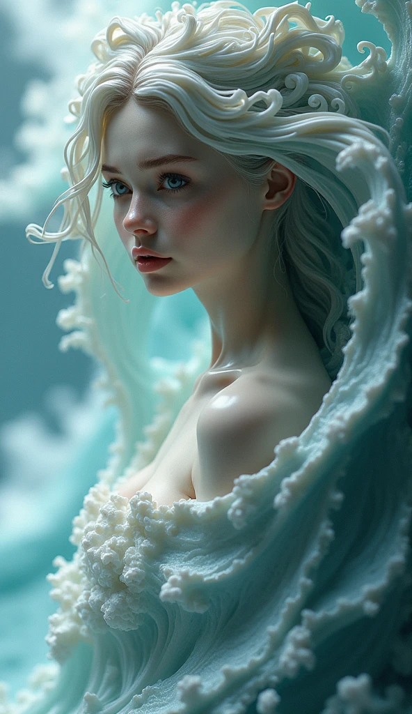 Short white hair girl, with white jacket and headband, reflected in crystal clear waters,full HD,8k,realist