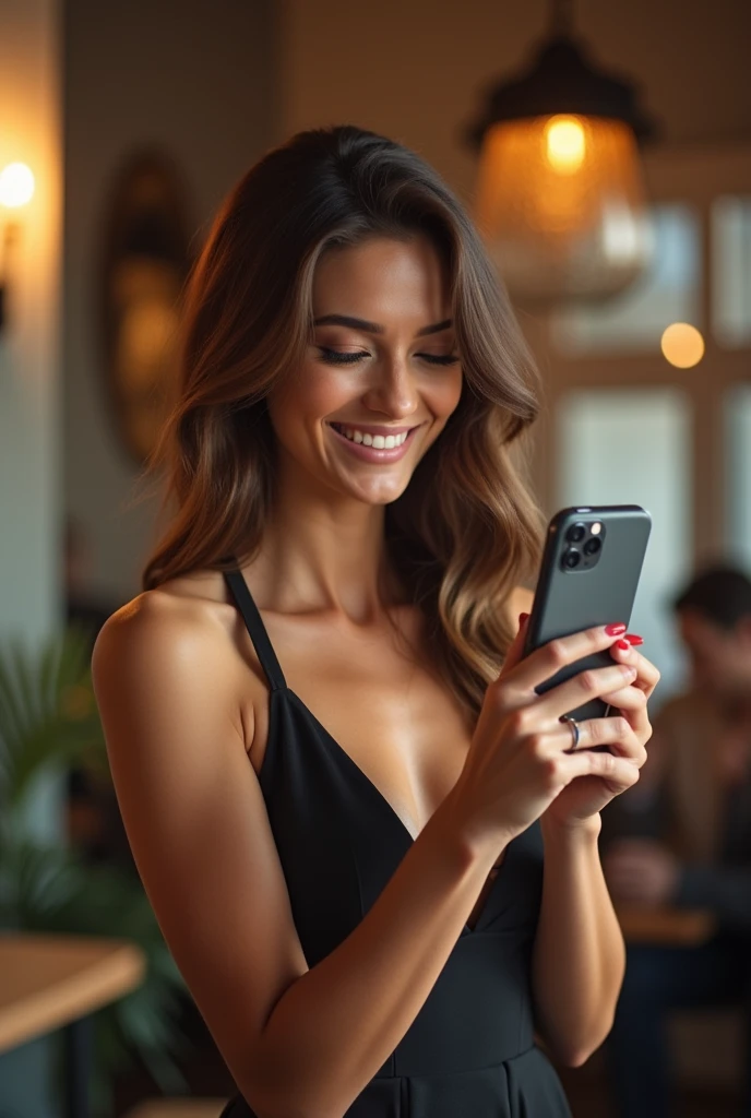 ((1 Spanish girl)), (Laia Manzanares) (35 years old), Ethereal beauty, beautiful eyes, flirtatious smileLong, slick hair, muscularly trained body, she try a tshirt and jeans and have the smartphone in the hand, she is in a coffee shop, best quality, photorealestic, 8K, high resolution, Ultra-realistic, detailed skin, 8K uhd, dslr, Sanftes Lichting, good quality, film grain, Fujifilm XT3