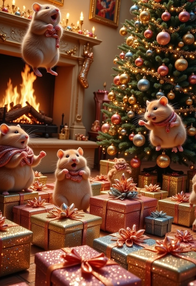 A magical Christmas morning scene in a Disney and Pixar-inspired 3D animation style, rendered in ultra-realistic 8K. A cozy, festive living room glows with warm, golden light streaming through frosty windows. At the heart of the room, a stunning Christmas tree stands tall, its branches adorned with twinkling fairy lights, sparkling ornaments, glistening tinsel, and a glowing star at the top. Wrapped presents of every size and color, tied with intricate ribbons, spill out from beneath the tree, radiating excitement and joy.

Instead of ren, adorable, fluffy, chubby hamsters are the stars of this scene. (These fat hamsters:1.2), animated with expressive, human-like features, are filled with holiday cheer. Some are jumping gleefully on stacks of brightly wrapped presents, while others are tearing open gifts with tiny, eager paws, revealing miniature toys and treats. One hamster, wearing a festive red scarf, holds a tiny candy cane, while another balances precariously on a ribboned gift box, their fluffy cheeks puffed out in excitement. Their fur is luxuriously soft, every strand perfectly textured to emphasize their round, cuddly forms.

The warm, festive room enhances the joyful atmosphere: a roaring fireplace crackles to one side, its mantel adorned with glittering stockings, garlands of pine, and glowing candles. In the background, a plush sofa draped with cozy holiday-themed blankets adds a homely touch. A wooden coffee table holds a tray of steaming cocoa mugs and tiny cookies, as though ready for both hamsters and human guests.

The entire scene bursts with holiday charm, with every detail in sharp focus: the fluffy fur of the hamsters, the delicate pine needles of the tree, the shimmering lights, and the textures of the gifts and decorations. The magical world combines the whimsical charm of Disney and Pixar animation with the joyful spirit of Christmas, creating an enchanting moment full of laughter, warmth, and holiday magic.