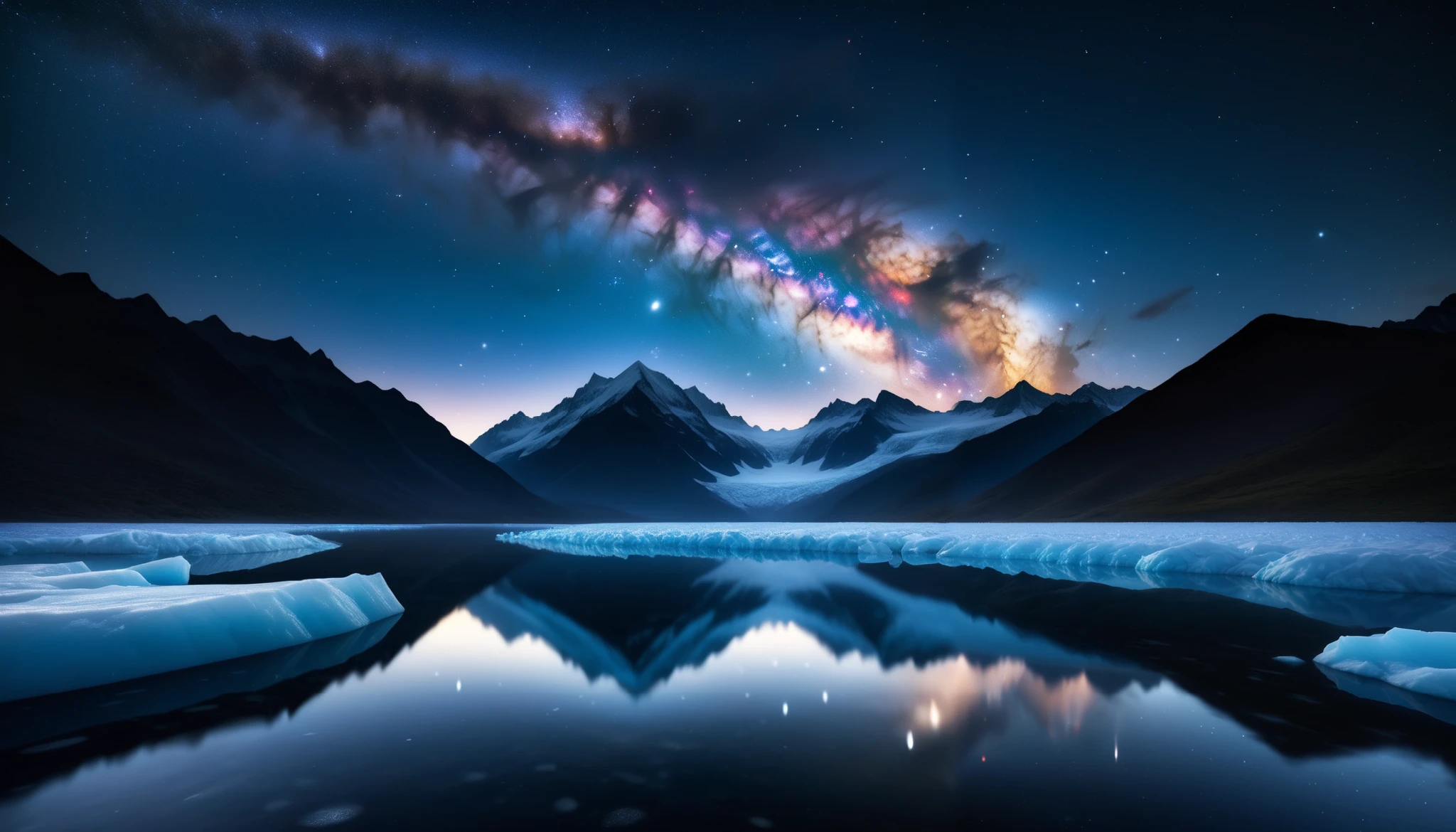  super high definition , high definition, High Quality ,Spectacular views,A huge, realistic Milky Way galaxy that dazzles the night sky and covers the entire sky。 sky full of stars,Unbelievable stars 々The brilliance, stars of the Milky Way is reflected on a vast glacier 々The brillianceが反射している、 BREAK The glacier extends to the horizon 、 Jagged ice layers and snow-covered mountain peaks 、 reflects the colorful light above 。 BREAK The stars twinkle in the dark and clear sky 、 The surrounding landscape is wrapped in the surreal glow of the Milky Way 、 creates a mysterious atmosphere 。 BREAK The cool and clear air adds color to the landscape 、The snow shines in the gentle light of the Milky Way 、 This frozen wilderness is so calm that it seems unbelievable。