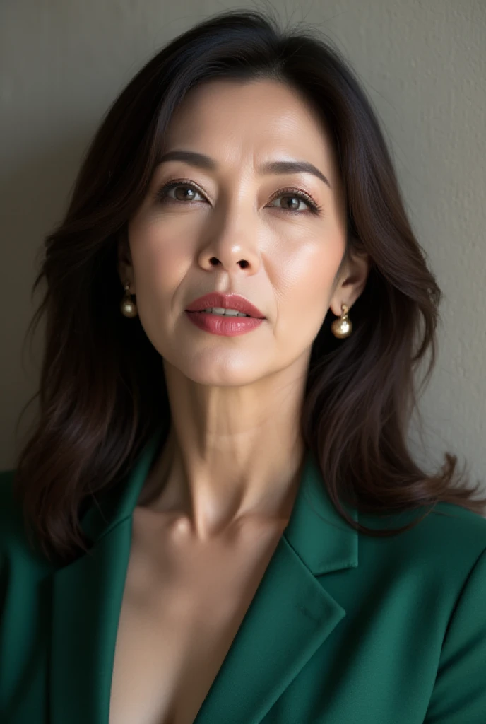 Mature Woman, ( Detailed description of the hair), (Detailed description of the face), (Detailed description of the body), high definition , masterpiece,  top quality ,  high detail, formal: 1.4), ( realistic : 1.2, 超 realistic な: 1.1,  realistic: 1.37), ( sharp focus : 1.4),  is written by,  looking up with moist eyes,  wavy hair , ,  unrivaled beauty , (Ultimate beauty), (lipstick:1.1), ( eyeliner :1.2), ( mascara), ( Eye Shadow ), (48 years old,: 1.4), Japanese、 closeup 、 fine lines of laughter :1.2、seductive smile,(emerald green cabin attendant uniform)、( Concrete wall background )