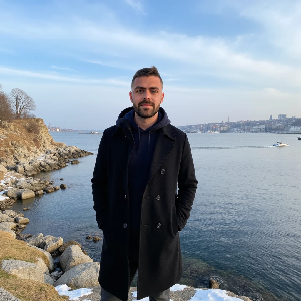 A young man has a light skin tone, a neatly trimmed beard and mustache, with short, dark hair styled short on the sides and longer on top. and a subtle, natural smile that suggests he is enjoying the moment, stands on a rugged cliff overlooking a tranquil bay in Söderström, Stockholm. The scene captures a crisp winter morning with icy blue skies streaked by soft, wispy clouds. he wears a tailored black trench coat, buttoned up for a streamlined silhouette. A dark hoodie adds a touch of muted color, its hood framing his face subtly. and white sneakers. . The distant cityscape across the bay glimmers with sunlight, showcasing a harmonious mix of modern towers and classic Nordic architecture. A solitary boat glides smoothly across the water, leaving a delicate wake. Bare, leafless trees and patches of moss on the rocky outcrop add an organic texture, enhancing the serene, introspective mood of the moment. (masterpiece), (realistic face) (best quality), (ultra-detailed background), detailed face, perfect composition, intricate details