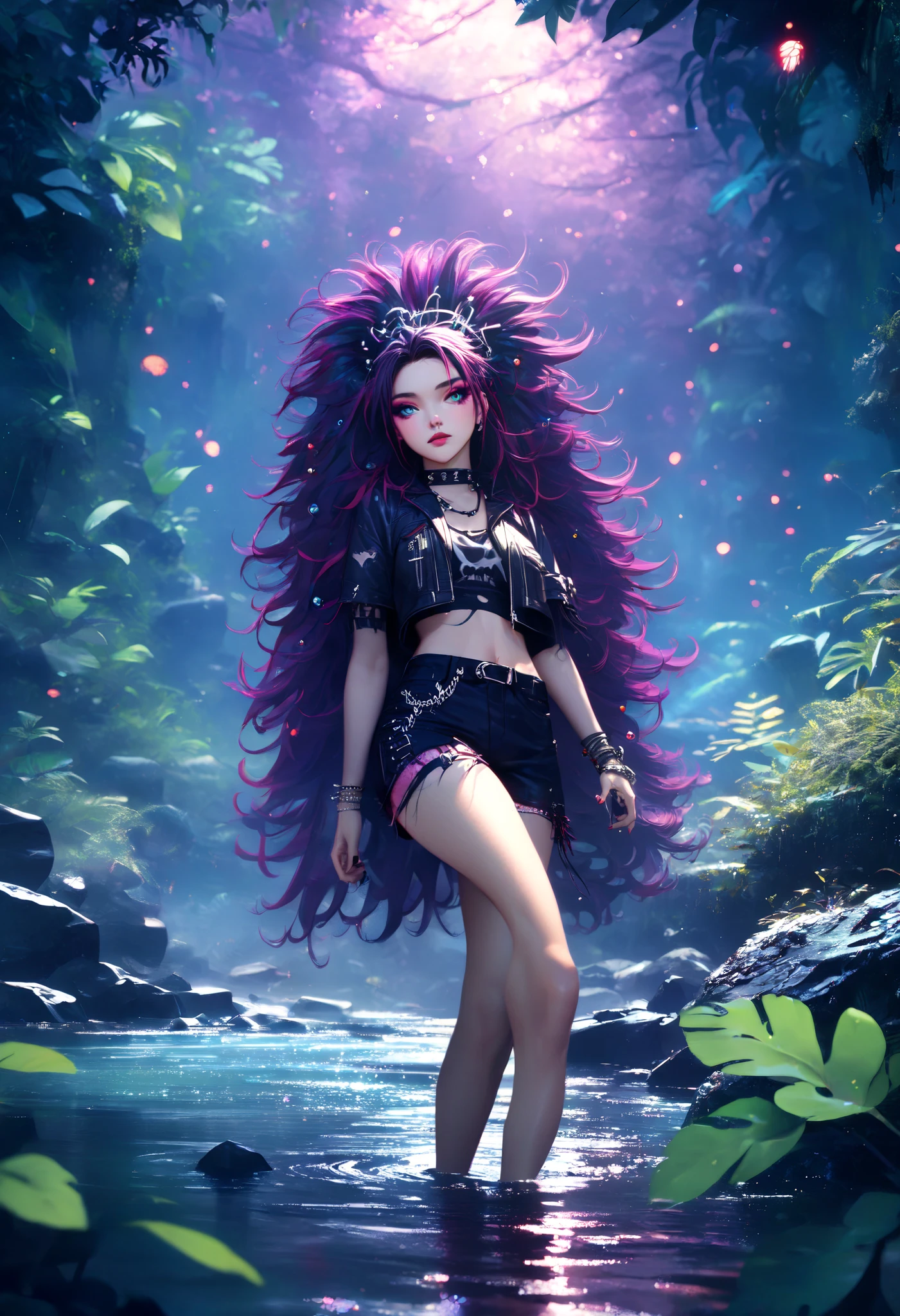 anime,  girl ,  Fine Details ,  better quality ,  Beautiful shorts ,  Lightweight Mike , decorations,  Light Makeup , lush hair, punk style,  Background Rainforest , rocks, the river flows , 8 k,  complex textures ,  maximum quality,  masterpiece fails,  better quality ,