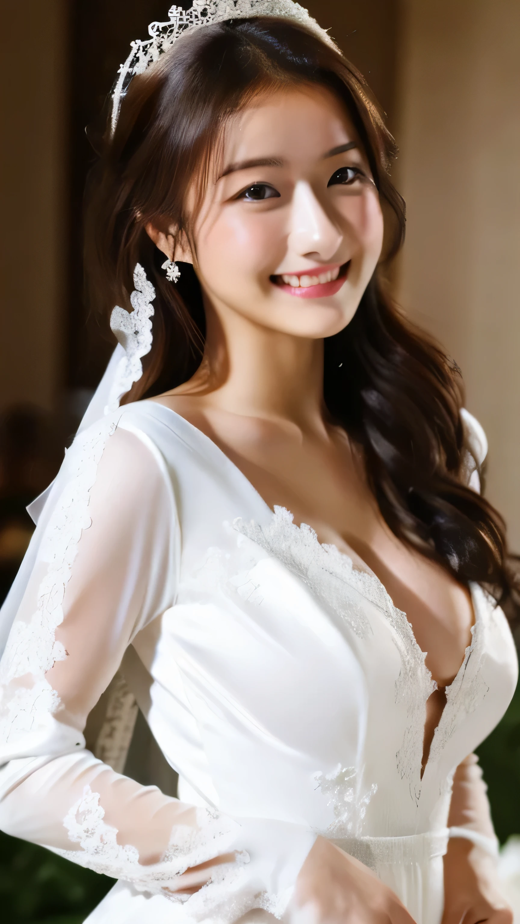 extremely detailed 8k wallpaper, masterpiece, best quality, high resolution, one Japanese girl, in chapel, dark brown hair, middle hair, (seductive smile:1.1), burgundy eyes, bride, (white wedding dress:1.3), princess-Line wedding dress, long sleeve wedding dress, (large breasts:1.3), the bouquet in both hands, high heels, full body