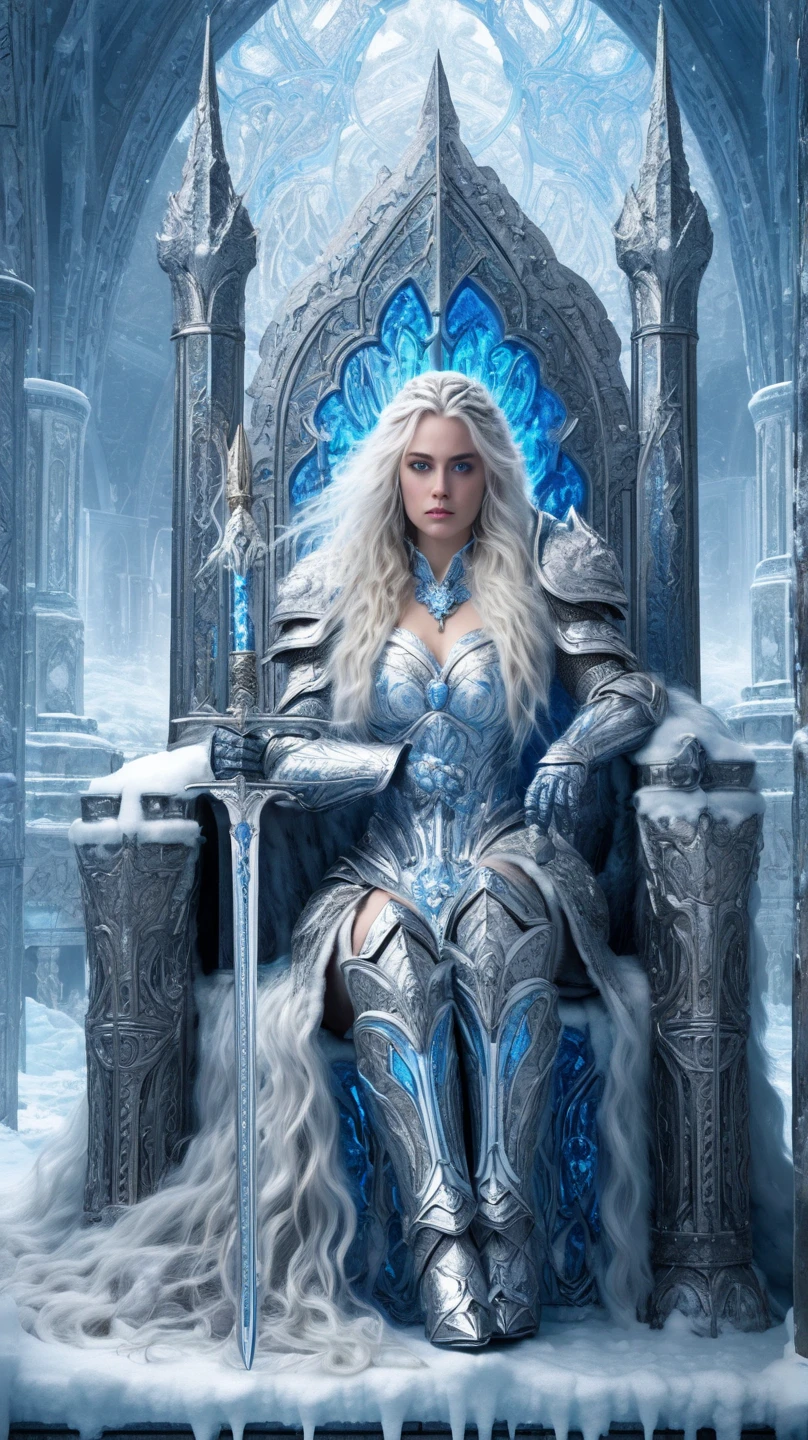  better quality , fantasy,  cinematic image ,  detailed image,  Detailed body ,  detailed face ,  detailed beautiful blue eyes, very long fluffy white hair ,  long fluffy eyelashes ,  Beautiful girl, Ice Queen,  paladin knight , full knight armor ,  holds an icy two-handed sword,  proud look ,  full length,  sits on a throne , winter, ice palace , snowfall 