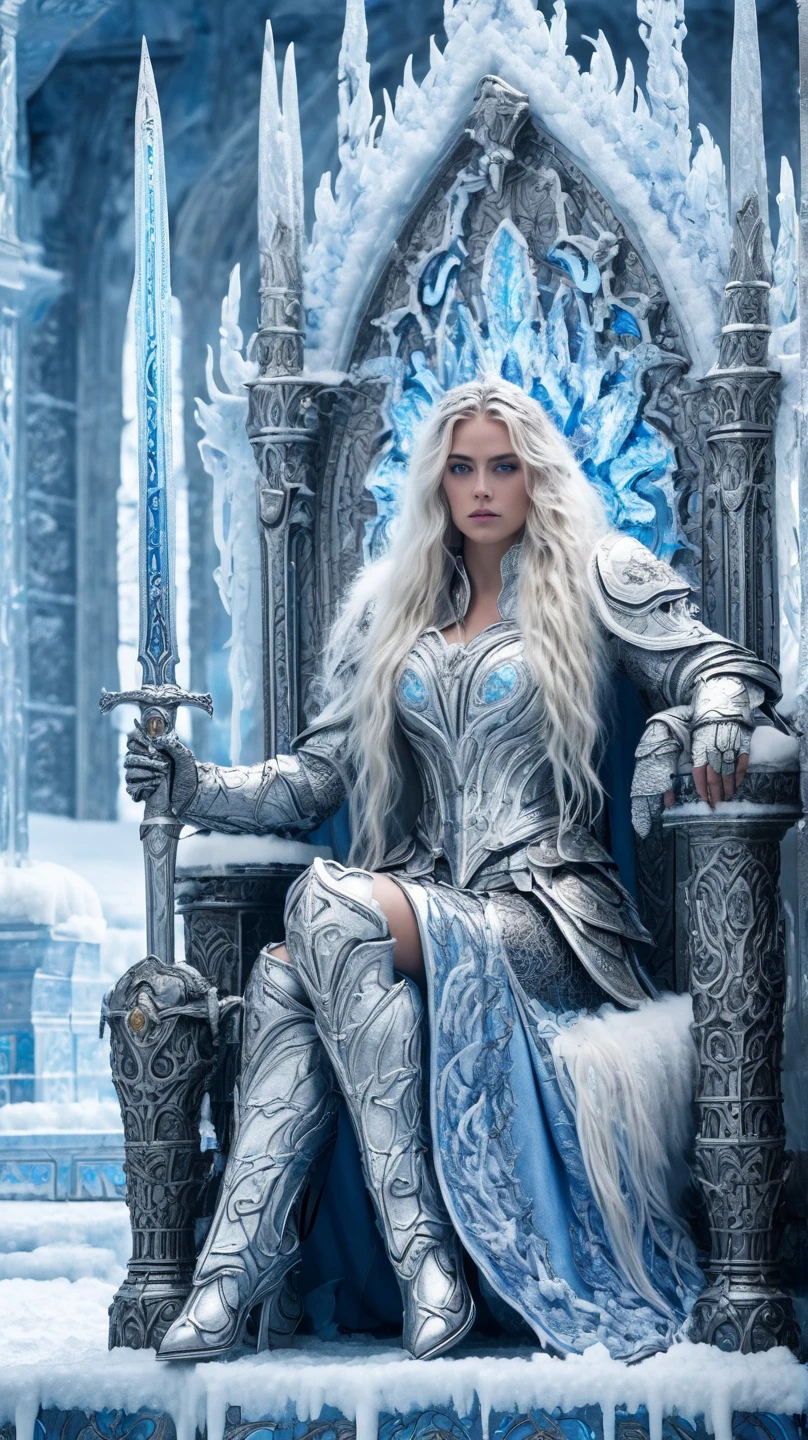  better quality , fantasy,  cinematic image ,  detailed image,  Detailed body ,  detailed face ,  detailed beautiful blue eyes, very long fluffy white hair ,  long fluffy eyelashes ,  Beautiful girl, Ice Queen,  paladin knight , full knight armor ,  holds an icy two-handed sword,  proud look ,  full length,  sits on a throne , winter, ice palace , snowfall 