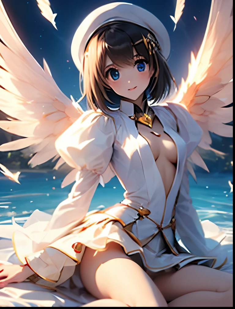 fantasy, 1angel_girl,, ,brown_hair, medium_bob_hair, long_bangs, halo,bare_shoulder,thighhighs,silver_armor, waist_armor, large_breasts,angry,grinning,open_mouth_teeth, 1pair_wings, dynamic_pose_fighting,floating, bare_crotch, headgear,gauntlet, greaves,ocean_sky_background,slightly_spread_legs, solo, groin_naked,