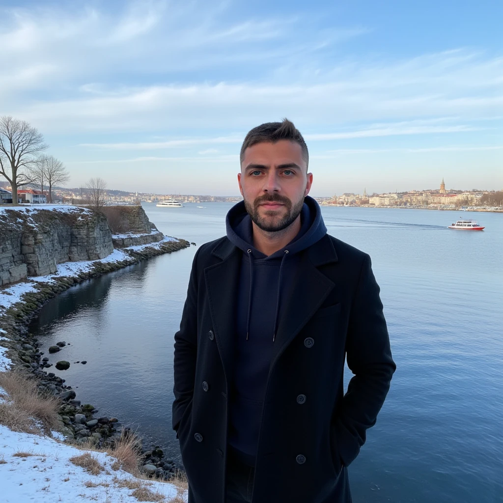 A young man has a light skin tone, a neatly trimmed beard and mustache, with short, dark hair styled short on the sides and longer on top. and a subtle, natural smile that suggests he is enjoying the moment, stands on a rugged cliff overlooking a tranquil bay in Söderström, Stockholm. The scene captures a crisp winter morning with icy blue skies streaked by soft, wispy clouds. he wears a tailored black trench coat, buttoned up for a streamlined silhouette. A dark hoodie adds a touch of muted color, its hood framing his face subtly. and white sneakers. . The distant cityscape across the bay glimmers with sunlight, showcasing a harmonious mix of modern towers and classic Nordic architecture. A solitary boat glides smoothly across the water, leaving a delicate wake. Bare, leafless trees and patches of moss on the rocky outcrop add an organic texture, enhancing the serene, introspective mood of the moment. (masterpiece), (realistic face) (best quality), (ultra-detailed background), detailed face, perfect composition, intricate details