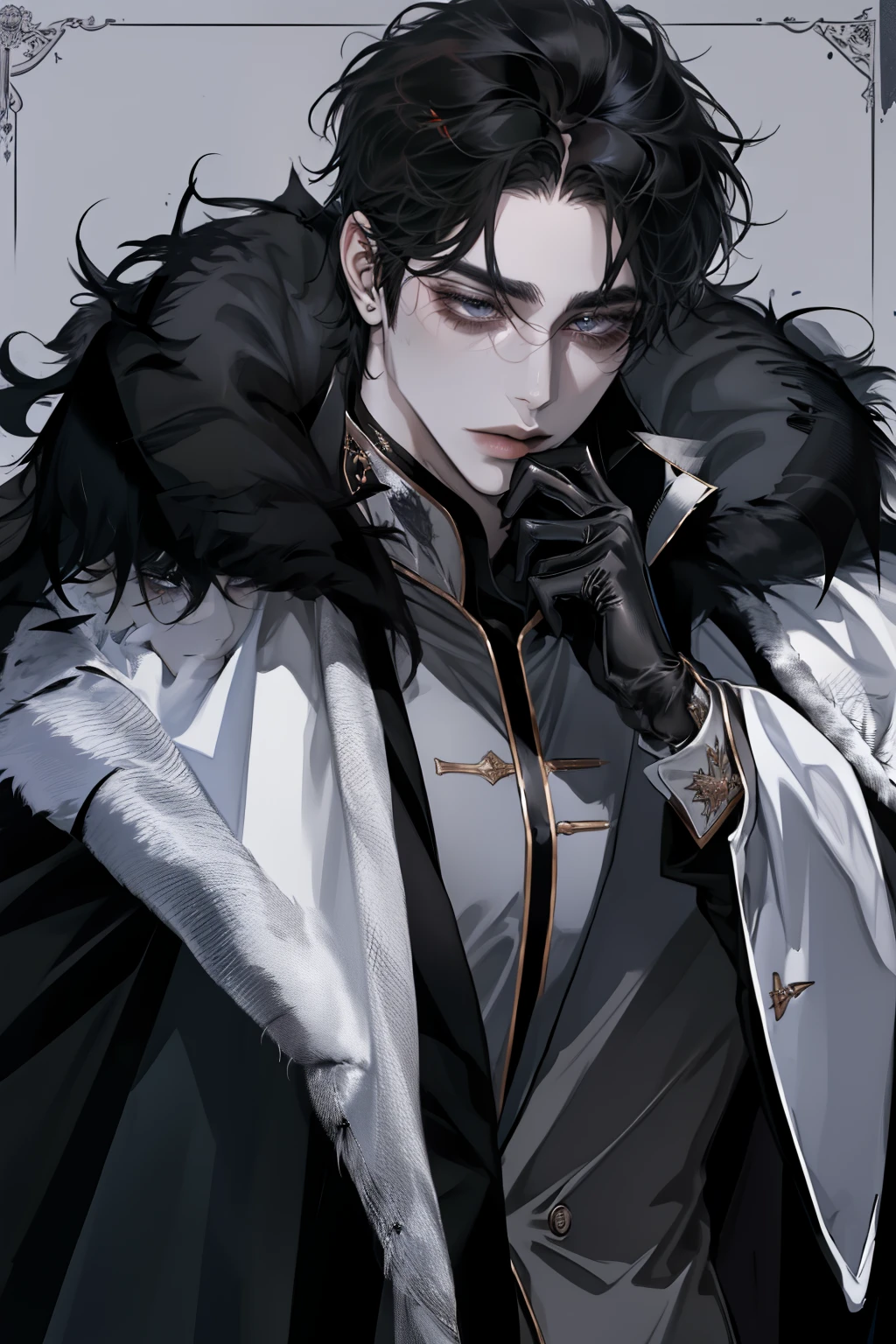 boy,   wolf cut hairstyle ,    black hair ,   sharp appearance,    white skin  ,  frontal , (( black royal uniform and fur cape )),  black gloves   , Grand Duke of the North,   Gray eyes, flushing