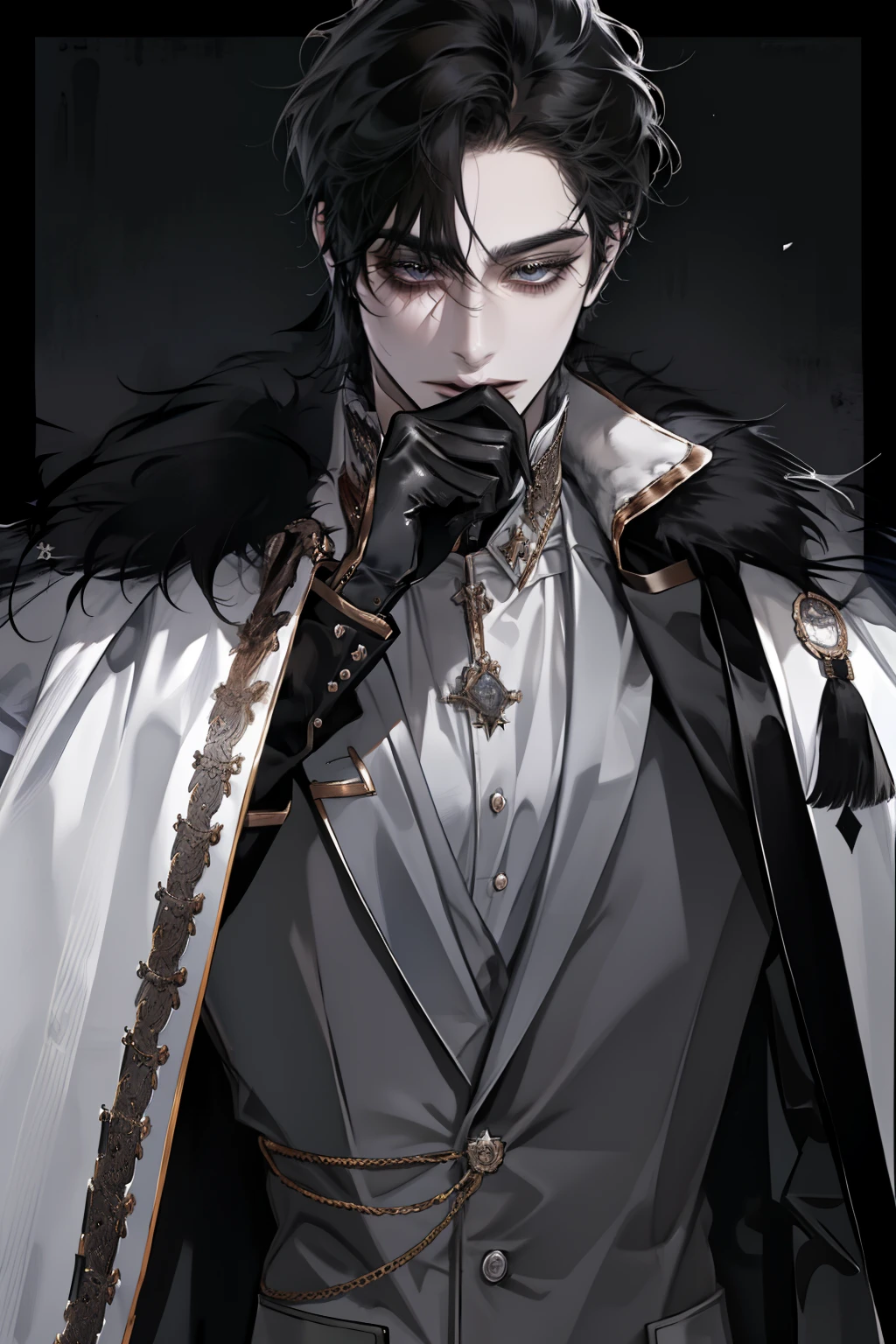 boy,   wolf cut hairstyle ,    black hair ,   sharp appearance,    white skin  ,  frontal , (( black royal uniform and fur cape )),  black gloves   , Grand Duke of the North,   Gray eyes, flushing