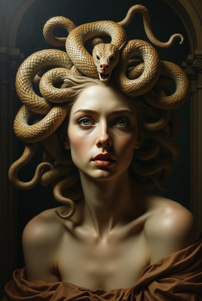 A closeup of a woman with a snake in her mouth, fierce jellyfish, beautiful female gorgon, jellyfish, jellyfish portrait painting, jellyfish portrait, gorgon, very sad jellyfish, portrait of age jellyfish, long hair female jellyfish, jellyfish gorgon head, hybrid snake woman, snake woman, dark portrait of jellyfish, male jellyfish, her many snakes like 8k hair