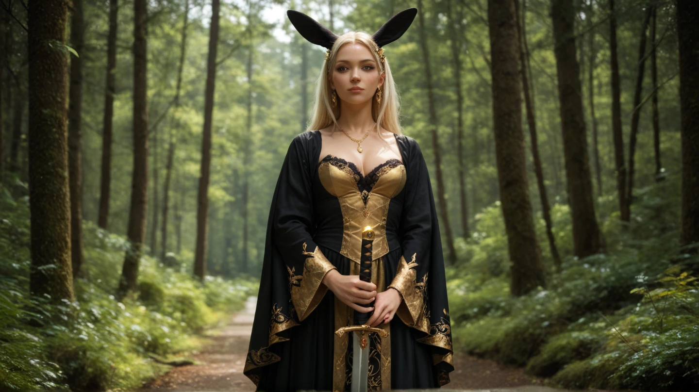 ein Foto einer The First Descendant Bunny, Who wears silver and gold , in a forest,  holding a big sword 