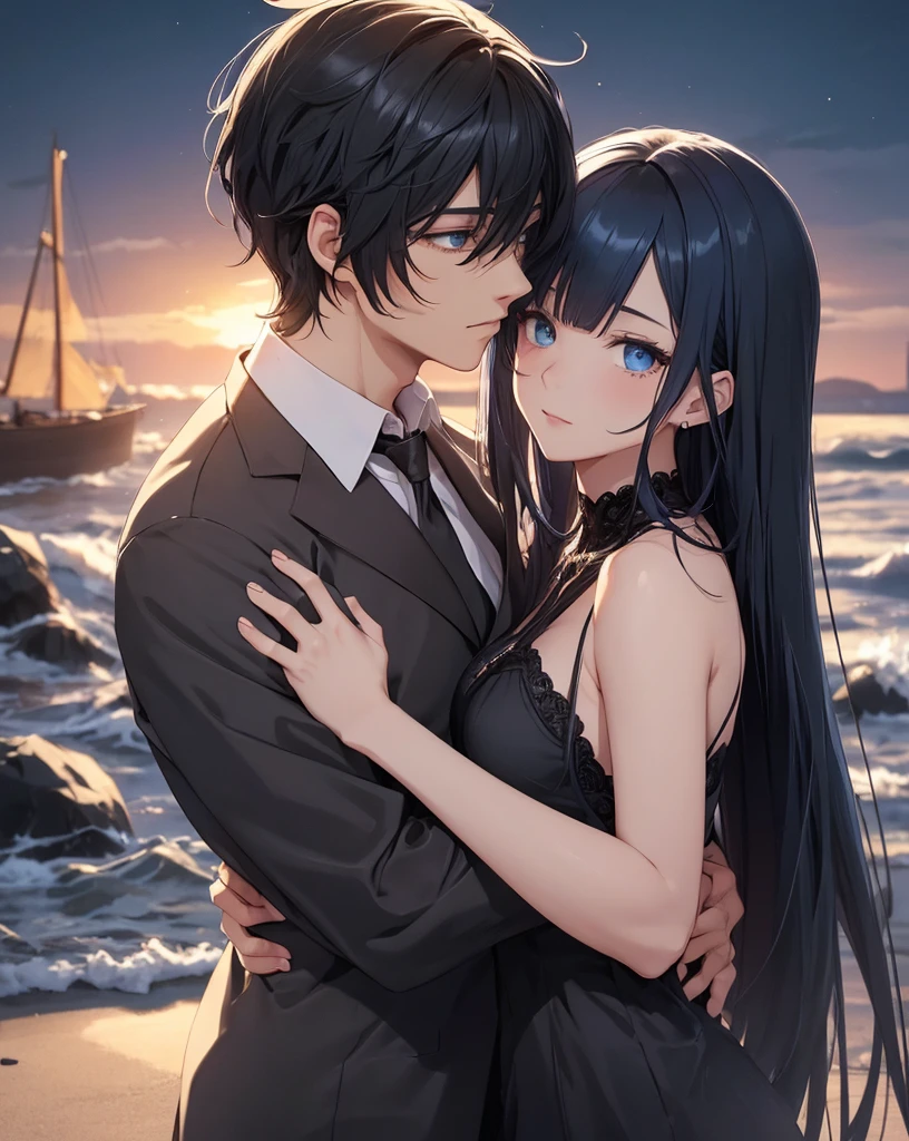 NSFW,masterpiece,Highest quality,High resolution,Super detailed,Yukinoshita Yukino\(My Youth Romantic Comedy is Wrong as Expected\),Black Hair,Long Hair,Light blue eyes,High quality sexy bikini,Halter neck,Small breasts,Face in love,Embarrassed,blush,beach,Palm tree,Beach parasol,Beach House,(cheerful man),Pick up a girl,The man puts one hand on her waist and hugs her from the side