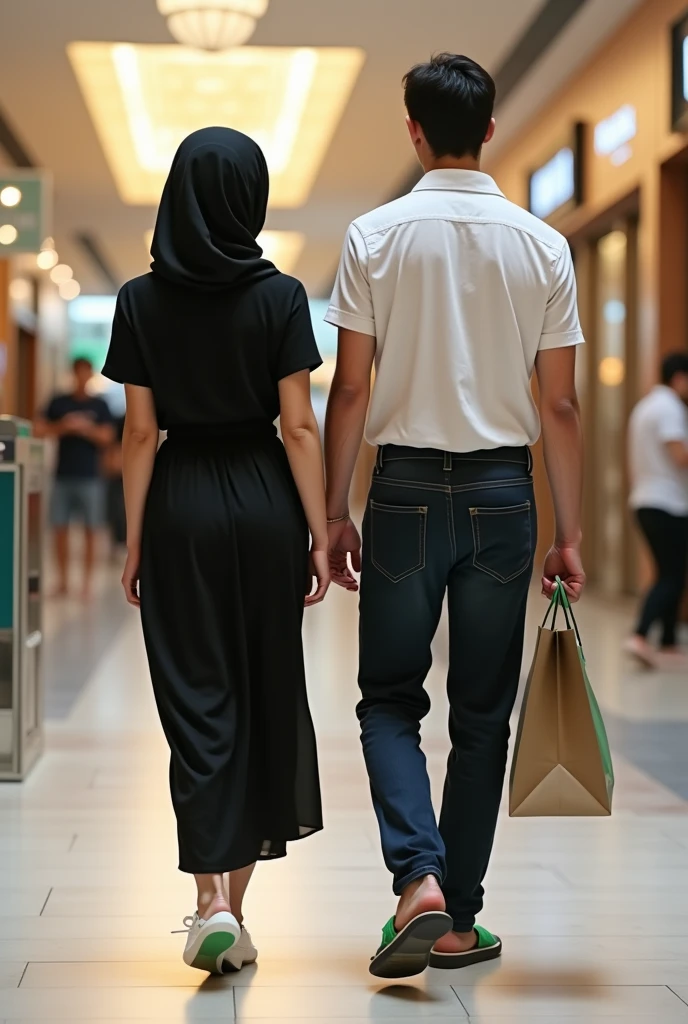 European white headscarf, black long sleeve t shirt, white skirt, barefoot, Woman talking to male friends in shopping mall. 