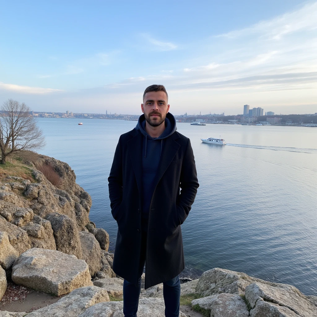 A young man has a light skin tone, a neatly trimmed beard and mustache, with short, dark hair styled short on the sides and longer on top. and a subtle, natural smile that suggests he is enjoying the moment, stands on a rugged cliff overlooking a tranquil bay in Söderström, Stockholm. The scene captures a crisp winter morning with icy blue skies streaked by soft, wispy clouds. he wears a tailored black trench coat, buttoned up for a streamlined silhouette. A dark hoodie adds a touch of muted color, its hood framing his face subtly. and white sneakers. . The distant cityscape across the bay glimmers with sunlight, showcasing a harmonious mix of modern towers and classic Nordic architecture. A solitary boat glides smoothly across the water, leaving a delicate wake. Bare, leafless trees and patches of moss on the rocky outcrop add an organic texture, enhancing the serene, introspective mood of the moment.