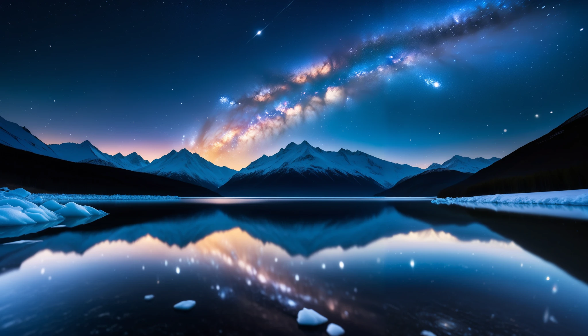  super high definition , high definition, High Quality ,Spectacular views,A huge, realistic Milky Way galaxy that dazzles the night sky and covers the entire sky。 sky full of stars,An unbelievable number of stars々The brilliance, stars of the Milky Way is reflected on a vast glacier 々The brillianceが反射している、 BREAK The glacier extends to the horizon 、 Jagged ice layers and snow-covered mountain peaks 、 reflects the colorful light above 。 BREAK The stars twinkle in the dark and clear sky 、The surrounding landscape is wrapped in the surreal glow of the Milky Way、 creates a mysterious atmosphere 。 BREAK The cool and clear air adds color to the landscape 、The snow shines in the gentle light of the Milky Way 、 This frozen wilderness looks so calm and unearthly。