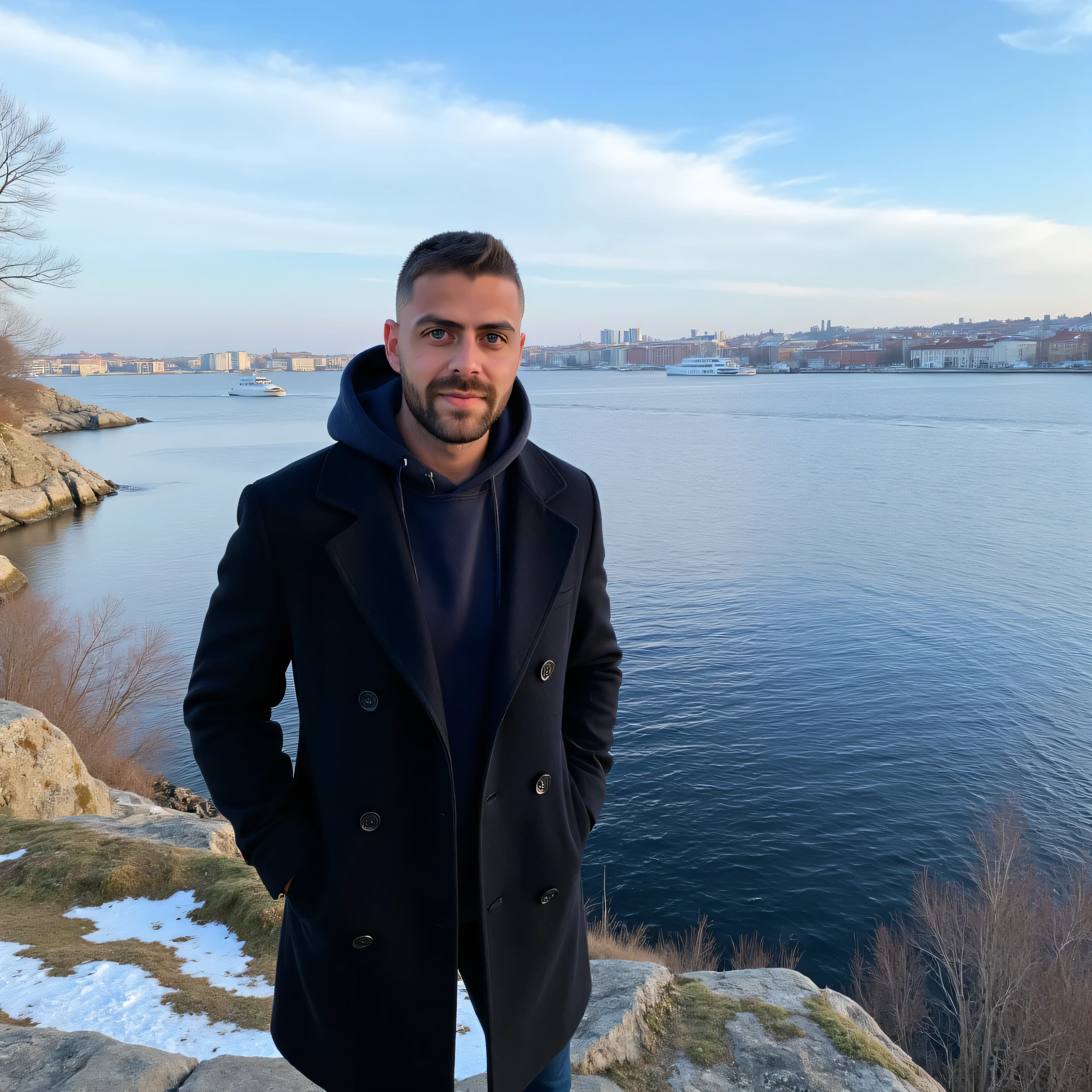 A young man has a light skin tone, a neatly trimmed beard and mustache, with short, dark hair styled short on the sides and longer on top. and a subtle, natural smile that suggests he is enjoying the moment, stands on a rugged cliff overlooking a tranquil bay in Söderström, Stockholm. The scene captures a crisp winter morning with icy blue skies streaked by soft, wispy clouds. he wears a tailored black trench coat, buttoned up for a streamlined silhouette. A dark hoodie adds a touch of muted color, its hood framing his face subtly. and white sneakers. . The distant cityscape across the bay glimmers with sunlight, showcasing a harmonious mix of modern towers and classic Nordic architecture. A solitary boat glides smoothly across the water, leaving a delicate wake. Bare, leafless trees and patches of moss on the rocky outcrop add an organic texture, enhancing the serene, introspective mood of the moment.