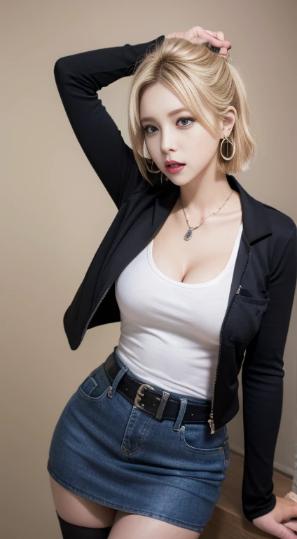 masterpiece,best quality, highly detailed, score_9, score_8_up, score_7_up, score_6_up, Masterpiece, lilandavastyle,1girl, (solo:1.5), solo, , android 18, blonde hair, blue eyes, eyelashes, hoop earrings, short hair, earrings, alone, belt, black thigh highs, black tshirt, braless, breast pocket, cleavage, collarbone, denim jacket, denim mini skirt, high-waist skirt, wearing a tiny white thong, labia,jewelry, long sleeves, pocket, shirt, shirt tucked in, skirt, striped, striped sleeves, waistcoat, hands in pockets, one leg up, (cameltoe:0.75) ((masterpiece)), sharp focus, very detailed face, cute face, seductive, motion, pale skin, simple white background, (large breasts), thin, (erect nipples:0.8), narrow waist, , perfect hips, athletic thighs, perfect anatomy, perfect body, motion, looking at viewer, from front, directly from below, UPSKIRT,