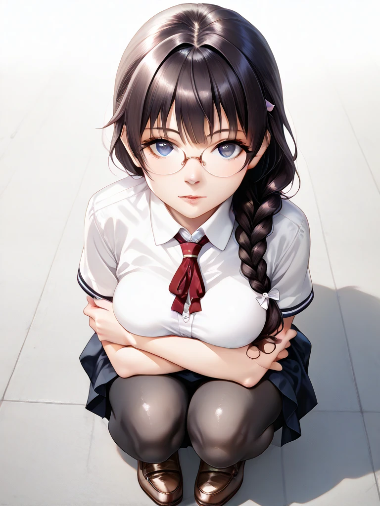 1girl, school uniform, black pantyhose, loafers, long hair, braided ponytail, glasses,looking at viewer, full body view, 4k, photorealistic,masterpiece, best quality, highest quality, highres, extremely detailed, extremely delicate and beautiful, high angle, from above, 5 fingers, 5 toes, squatting, legs together, crossed arms, under breast, high angle, from above,