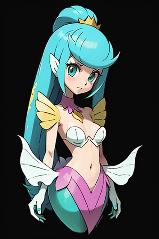 "(masterpiece:1.1), best quality, 
1girl, solo, (80s anime style:1.3), (eyelashes:1.5), (loli:1.2), 
(intricate high detailed body:1.2), 
(aqua hair:1.1), (bangs:1.1), (ponytail:1.1), (crown:1.1), 
brown eyes, (lip stick:1.3), 
(pale skin:1.2), (gigantic breasts:1.1), 
(light smile:1.2), open mouth, 
(bikini armor:1.2), 
(knight armor, armored boots:1.2), (fur:1.1), (ahoge:1.2), necklace, 
standing, arms behind back, 
(dynamic pose:1.1), (full body, looking at viewer, from front:1.1),
(simple white background:1.2)"