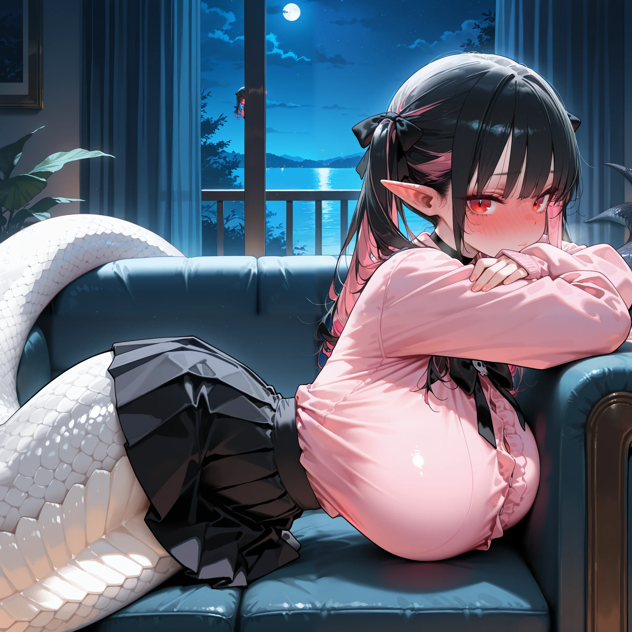 1girl, solo, huge breasts, long hair, pale skin, looking at viewer, blush, indoor, night, dark room, white scales, monster girl, elf, lamia, wide shot, black hair, pink hair, (two-tone hair), red eyes, black bow, black choker, black skirt, full-face blush, dress shirt, hair bow, jirai kei, pink shirt, pleated skirt, puffy long sleeves, sleeves past wrists, twintails, from side, on couch, masterpiece, best quality, amazing quality, very aesthetic, absurdres, newest
