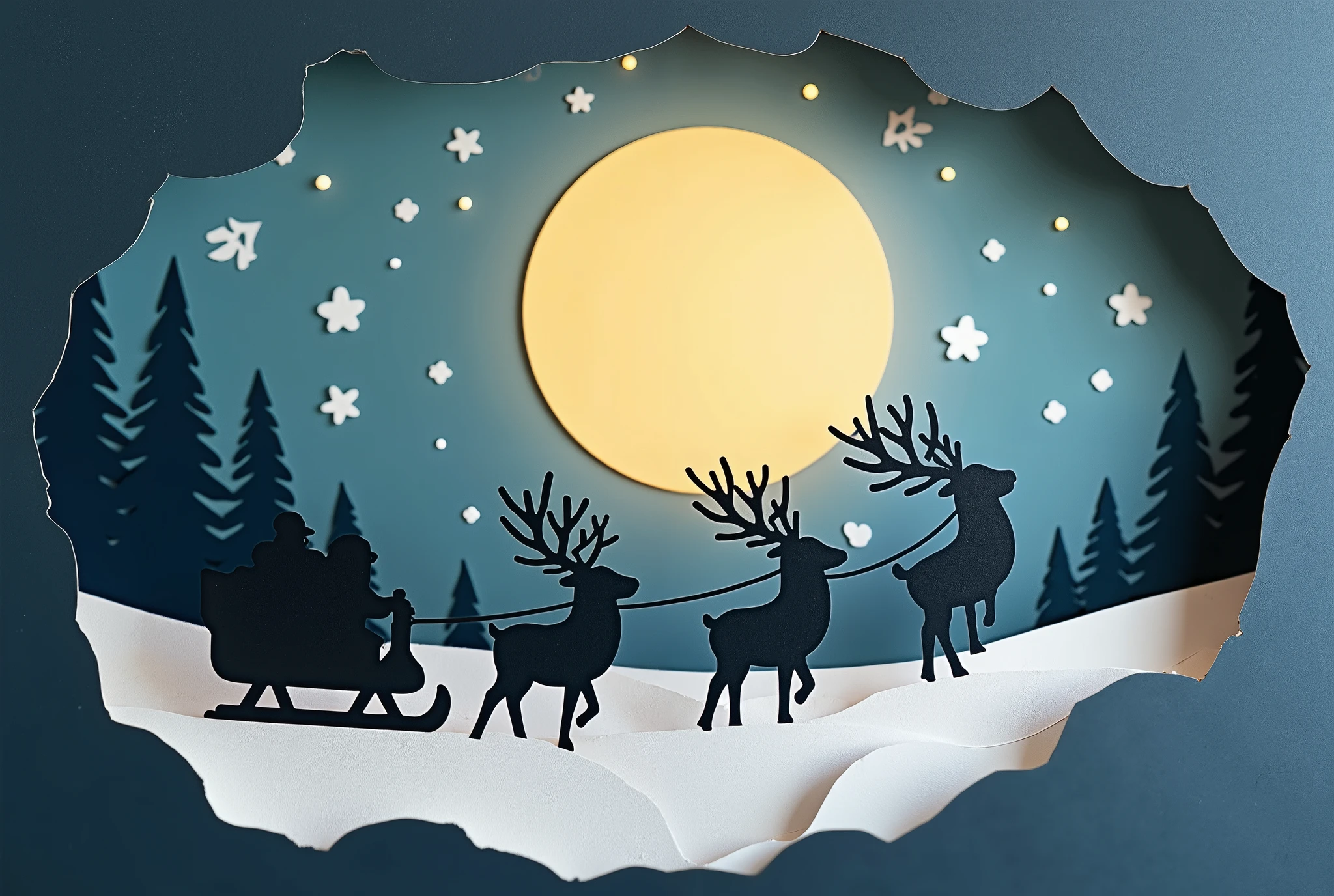 masterpiece, Best Illustration ,The black silhouettes of Santa and the reindeer flying with their backs to the moon are shown,( Christmas:2.0), Greeting Card Designs, reindeer, Santa Claus,(Cut out paper :2.0), Promotional Art , vector illustration , no gradation , (Paper Cut Art:2.0) , (Kirigami Textures:2.0) , (Layered Paper Style:2.0) ,Vector design, cheerful,Layered Cut ,("merry christmas" Draw the text),
