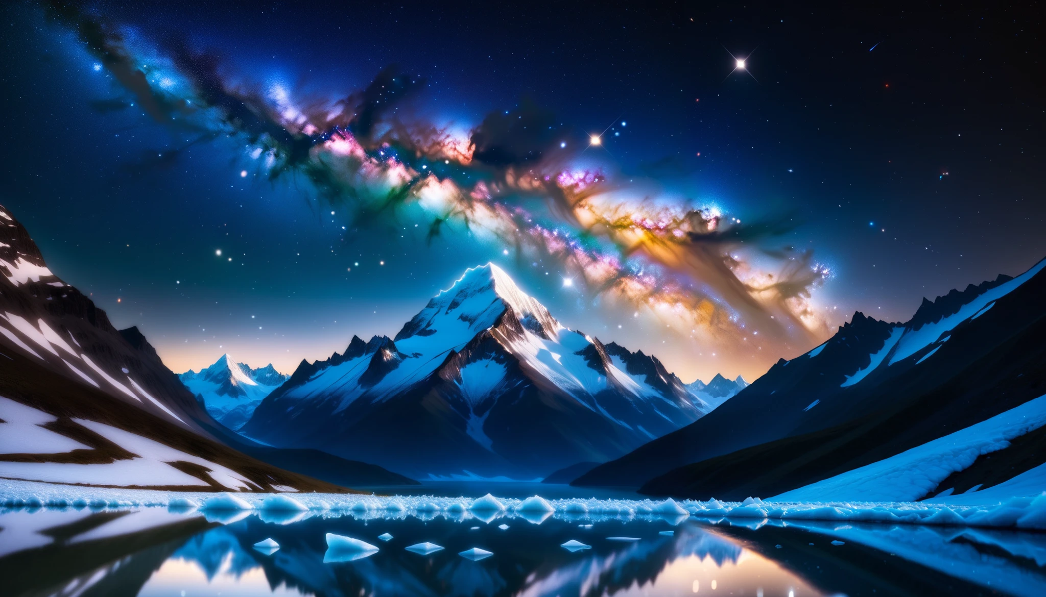  super high definition , high definition, High Quality ,Spectacular views,A huge, realistic Milky Way galaxy that dazzles the night sky and covers the entire sky。 sky full of stars,An unbelievable number of stars々The brilliance, stars of the Milky Way is reflected on a vast glacier 々The brillianceが反射している、 BREAK The glacier extends to the horizon 、 Jagged ice layers and snow-covered mountain peaks 、 reflects the colorful light above 。 BREAK The stars twinkle in the dark and clear sky 、 The surrounding landscape is wrapped in the surreal glow of the Milky Way 、 creates a mysterious atmosphere 。 BREAK The cool and clear air adds color to the landscape 、The snow shines in the gentle light of the Milky Way 、 This frozen wilderness is so calm that it seems unbelievable。An unbelievable amount of stars々,
