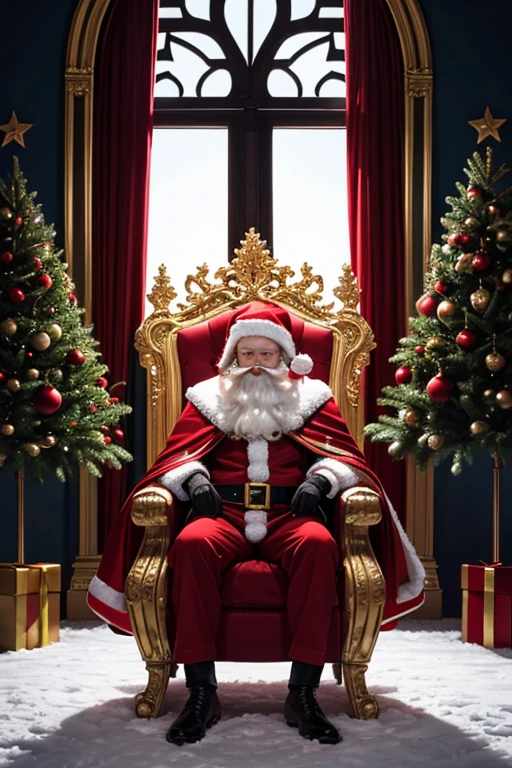 A majestic fantasy artwork featuring the Santa Warrior sitting regally on a golden throne, positioned in a grand hall adorned with festive decorations. The Santa Warrior wears red armor with intricate white patterns inspired by Santa Claus. Their golden sword rests upright beside the throne, glowing faintly in the warm light of the hall.

The throne is decorated with festive details such as holly, mistletoe, and carved Christmas patterns. Behind the Santa Warrior, tall, ornate windows let in soft light, revealing a snowy night outside with the aurora borealis faintly visible. Their posture is commanding yet calm, with a red cape flowing over the side of the throne. The atmosphere exudes authority and holiday spirit.