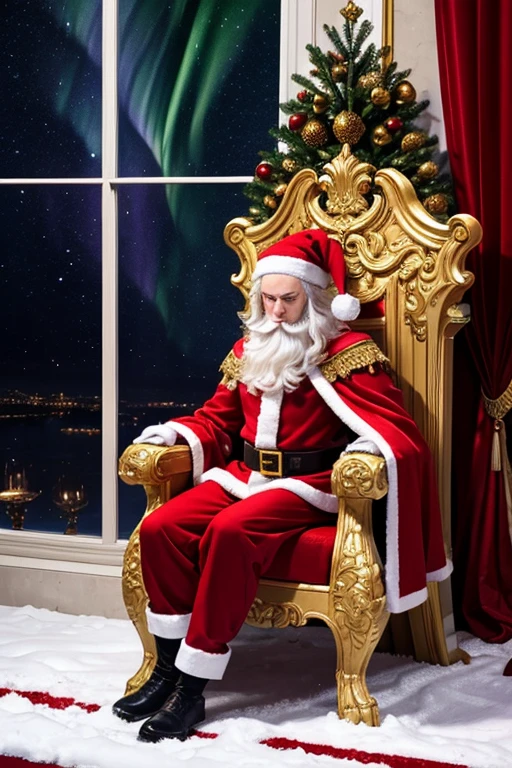 A majestic fantasy artwork featuring the Santa Warrior sitting regally on a golden throne, positioned in a grand hall adorned with festive decorations. The Santa Warrior wears red armor with intricate white patterns inspired by Santa Claus. Their golden sword rests upright beside the throne, glowing faintly in the warm light of the hall.

The throne is decorated with festive details such as holly, mistletoe, and carved Christmas patterns. Behind the Santa Warrior, tall, ornate windows let in soft light, revealing a snowy night outside with the aurora borealis faintly visible. Their posture is commanding yet calm, with a red cape flowing over the side of the throne. The atmosphere exudes authority and holiday spirit.