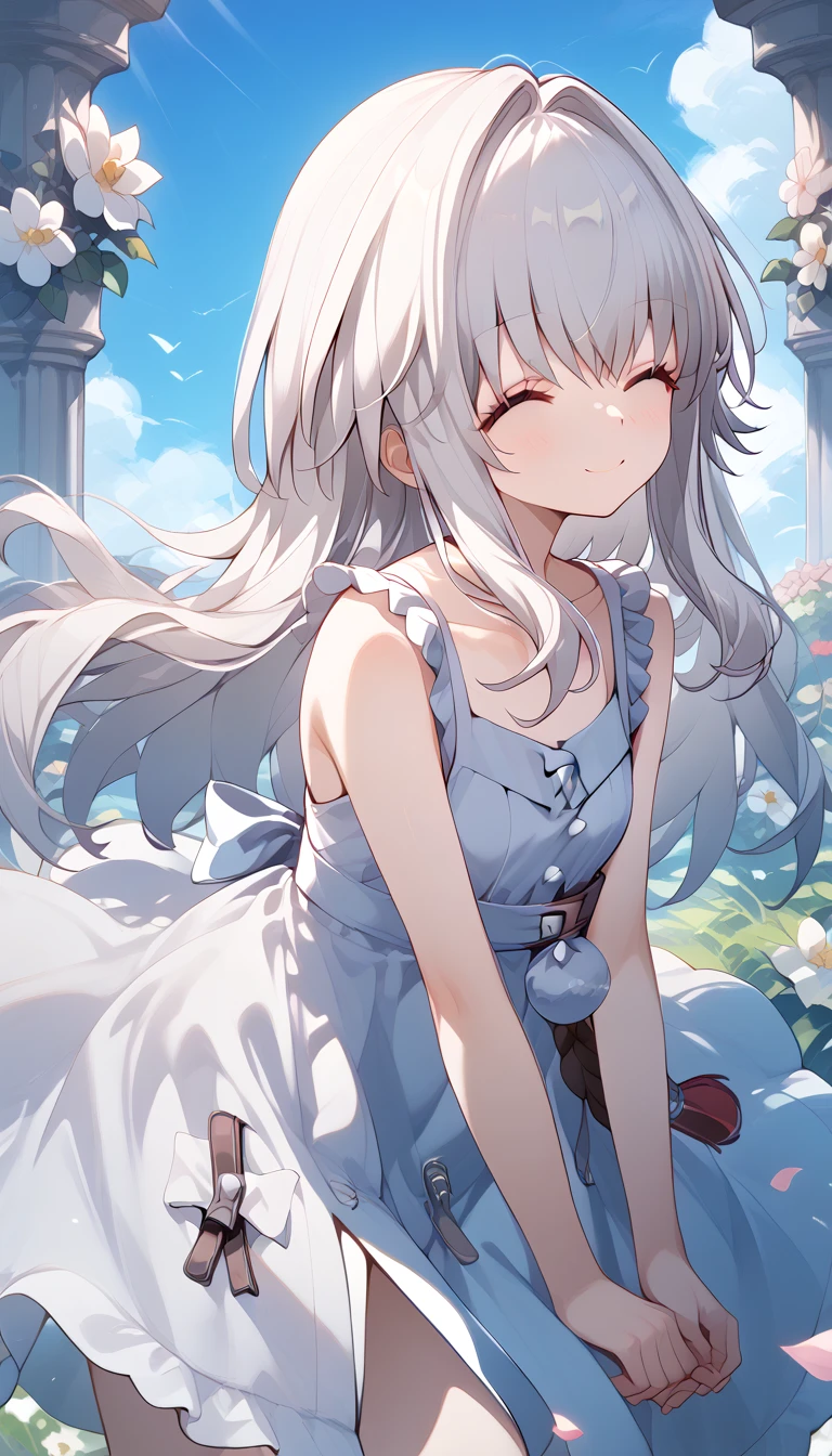 clara (honkai: star rail), 1girl, long hair, white hair, closed eyes,　Alone,  eyebrow visible from inside hair ,  hair between eyes　 top quality, very aesthetic, sundress　smile　summer　in the flower garden　grassland　flower　in the sky　petal　outside　Sunlight　open mouth,　幸せ　楽しい　嬉しい