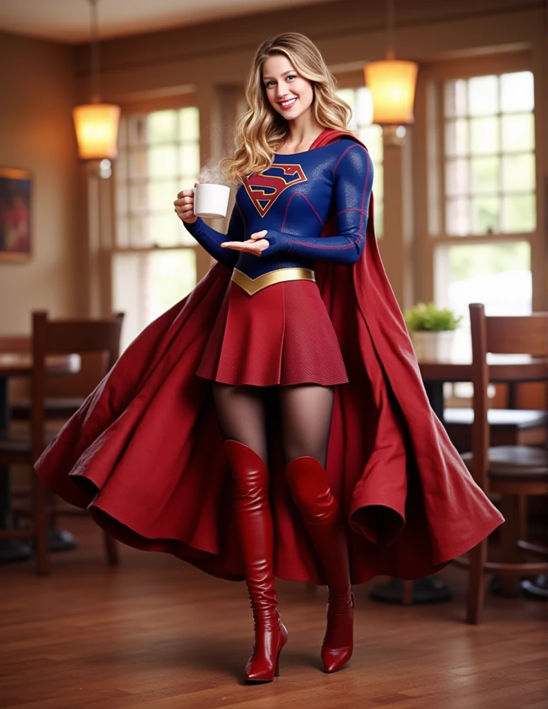  This is an image of Supergirl wearing a red cloak in her superhero costume,  Her hair hangs on her shoulders . She's standing in a cafe drinking coffee ,  smiling at viewers 、 Full Body 、 Long Shot 