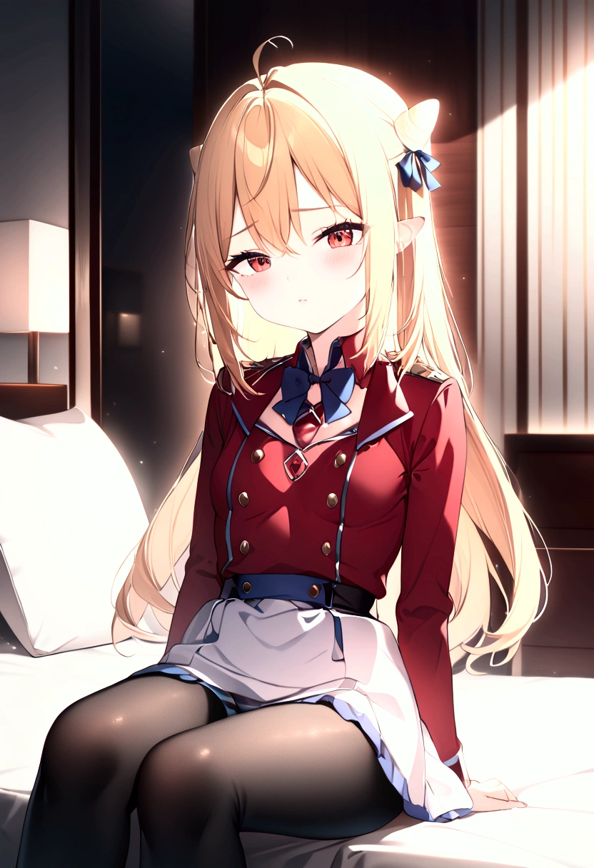  high image quality 、masterpiece、  High Quality   、Full HD、4K 、 long golden hair 、Tie your hair in a bun、 red eyes、 slim、 small breasts、blush、 red and gold uniform 、White Skirt、 blue ribbon on the chest、 Black Tights 、 sit on the bed、 open legs 、striped panties under tights、longitudinal streaks on panties 、Hotel at night、 luxury bed