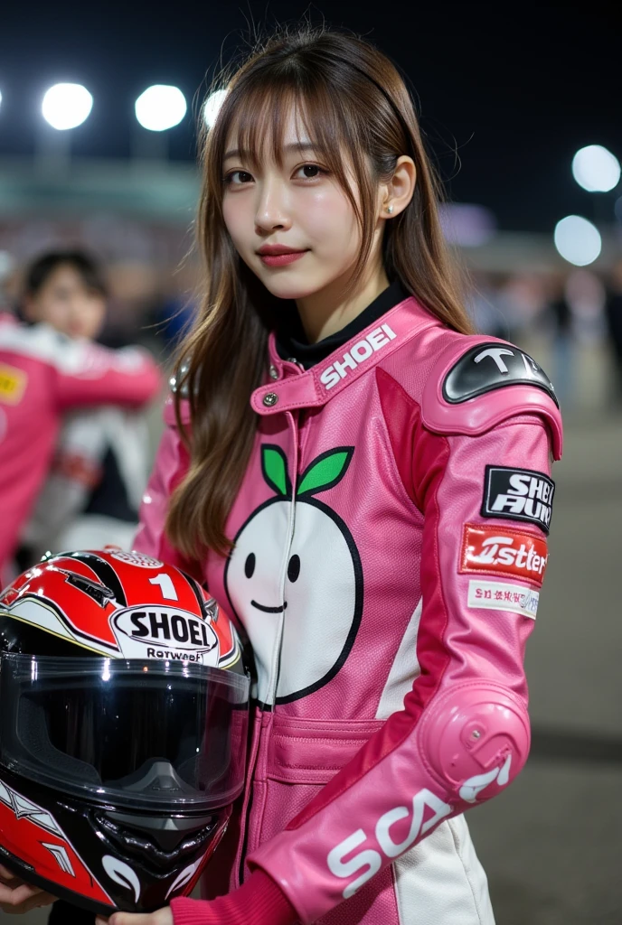 ultra-realistic, photorealistic, dramatic scene from the motorcycle racing competition, shadow, global-illumination, solo, very beautiful Japanese long haired woman, she is high school student but professional motorcycle racer, She is racing on the pink colored Honda's racing motorcycle, CBR1000RR, at the circuit at night, lots of spectators on the stand, wearing a very cute white daikon radish character printed pink with white colored leather racing suits, very tight fitting, wearing a fast-look patterned SHOEI full-face helmet with a transparent visor, beautiful detailed her eyes, the white daikon character that printed on the side of her motorcycle is 1 daikon\(large, very cute white daikon radish character, very cute smiled face, very detailed, chubby, full body\), (spot lighting), professional lighting, smile, 