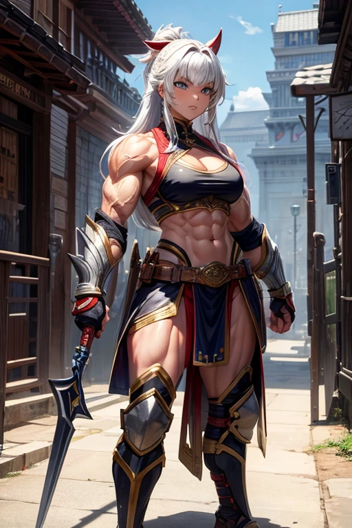 (BEST lighting) , (ultra intricately detailed) , 4k unity, (super-detailed CG: 1.2) , (8K: 1.2),(Original), (Masterpiece) , (Best quality),(Masterpiece:1.4),Anime-ish high quality,(Masterpiece),Masterpiece, Best quality, absurderes,((masterpeace, 4K, 8K, yes, A high resolution))1 girl 1 girl with short hair, White hair, Red eyes, pirate, Pirate outfit, Pirate ship, looks away, Look at the crow's nest, ((body builder:1.4)),Temple background,(Beautiful bace),(Girl),(Female),(Upper body)，schoolgirls，Crop topping，Bra black