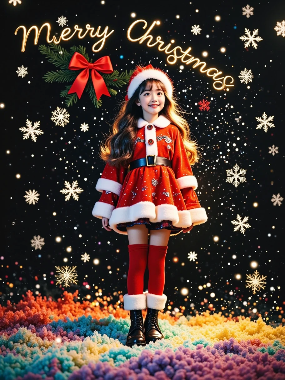 Photography portrait, realistic, surrealistic image, wide-angle panoramic full view display, commercial art poster design, colorful black background, scattered snowflakes, 1 girl, full-body shot, Christmas attire, warm light, English title "Dreamy Christmas", subtitle "Merry Christmas", 1mhsd1