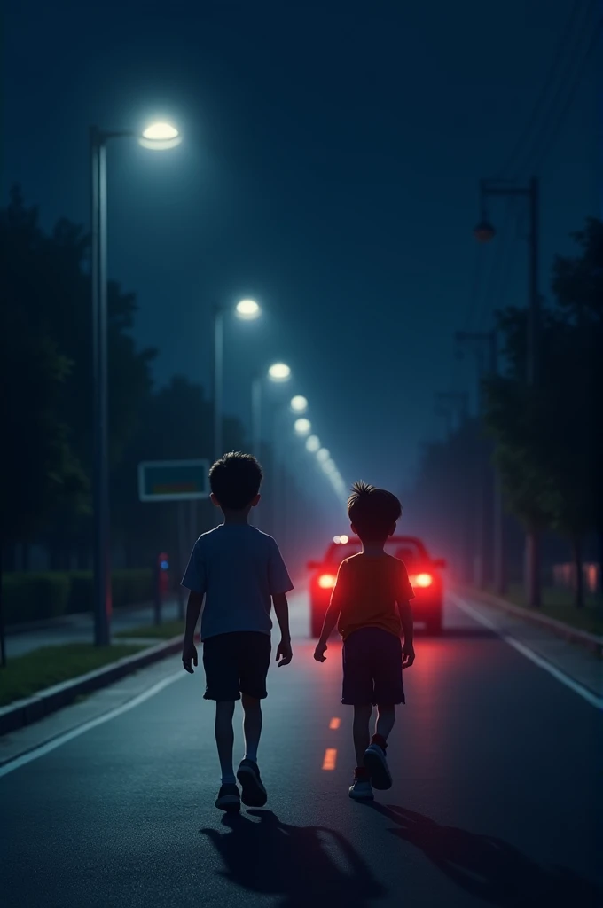 An image that is on the road and shows 2 children between 3 and  with their backs turned, that the children and the road look as realistic as possible, that the two children are men and very real, and that it is at night on the side of the road, the children are located. 