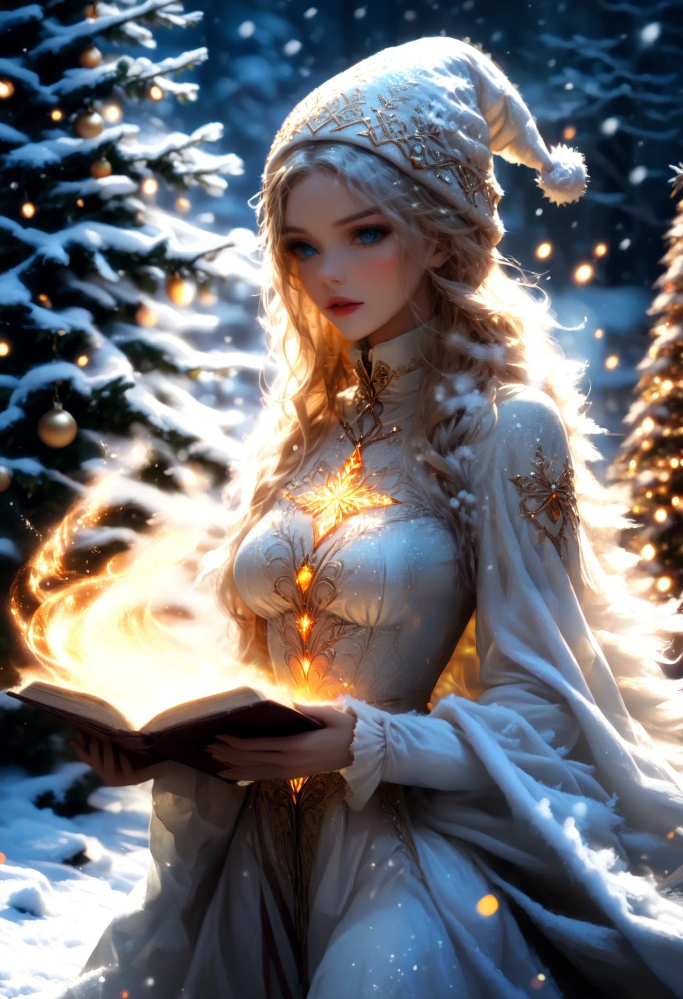 anime,  girl , (Warm outfit ), decorations,  Perfect anatomy ,  intricate details,  Beautiful face ,  winter hat,  background Winter's Tale ,  christmas tree ,  snow , Идет  snow , (magic), magic,  Snow magic , beautiful, Wonderful,  better quality ,  intricate details, ( masterpiece fails),  Maximum quality, 