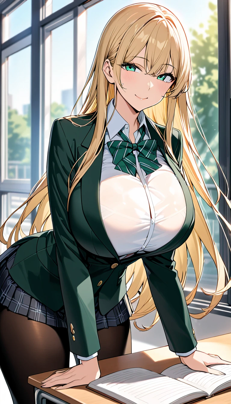 A stunning young woman with long, flowing blonde hair and deep emerald-green eyes, exuding confidence. She wears a form-fitting school uniform that emphasizes her curvy body, including a tailored blazer and a short skirt that highlights her long legs. Her blouse is slightly sheer, subtly revealing a graceful neckline. She stands in a poised and elegant posture, her smile both inviting and challenging. The background is a modern classroom with natural light streaming through large windows, creating a bright and dynamic atmosphere.((huge breast))((inky-black pantyhose:1.3))