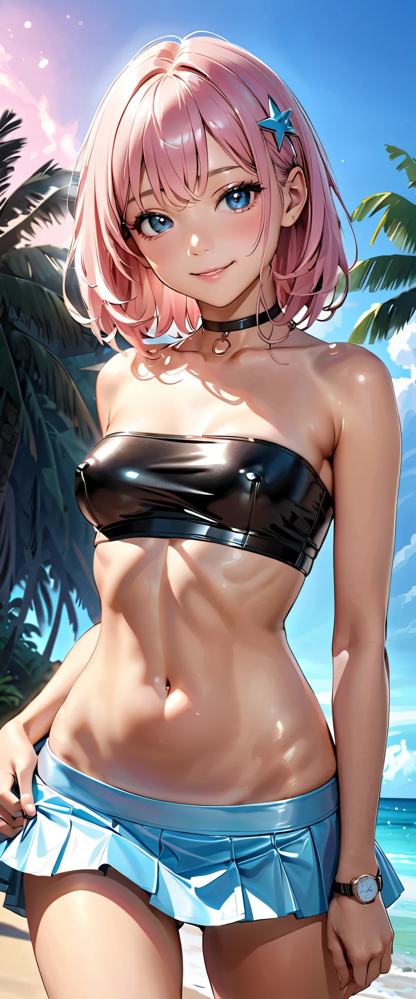 top quality , super high res, ( realistic:1.4), One person, small breasts, black chokers, smile, Exposing shoulders, Focus Only , Watch viewers,Fair skin,sunset, palm trees, photon mapping, looking up with moist eyes, RAW photos , very detailed background, K-pop idol, is written by,beach, hair ornament, detailed face , pubic skin, game cg,whole body, shiny micro mini skirt,black shiny micro tube top, covered nipples