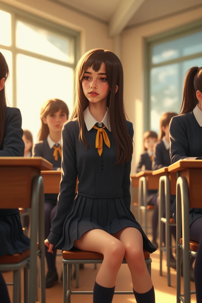 Masterpiece, high quality, ultra hd, rich color, flat color, depth of field, lens flare masterpiece, high quality, ultra hd, rich color, flat color, depth of field, lens flare, school, classroom, 1 girl, brunette seated, sitting and watching the audience, pleated mini skirt, school uniform, black pantyhose, no panties, open legs, delicate touch, detailed fabric texture, beautiful detailed face,