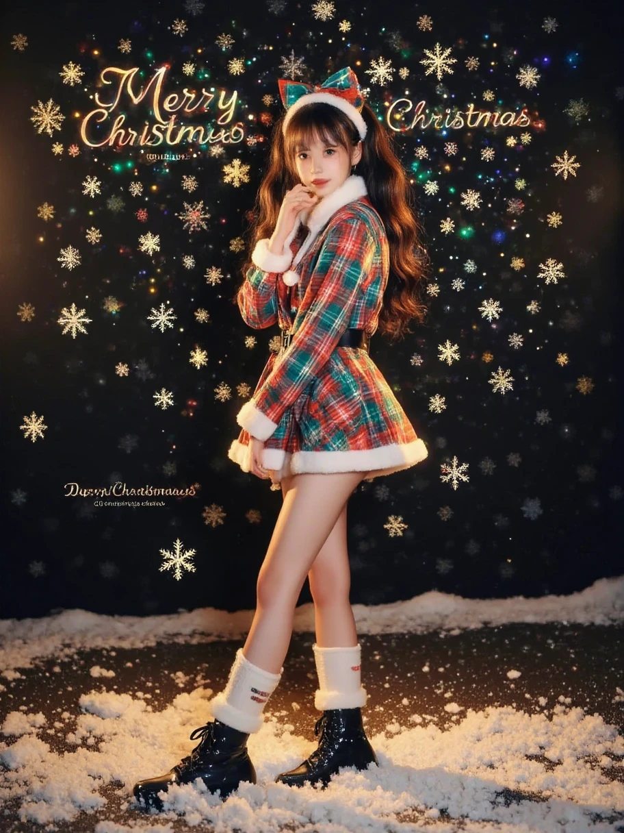 Photography portrait, realistic, surrealistic image, wide-angle panoramic full view display, commercial art poster design, colorful black background, scattered snowflakes, 1girl, full-body shot, Christmas attire, warm light, English title "Dreamy Christmas", subtitle "Merry Christmas", 1mhsd1