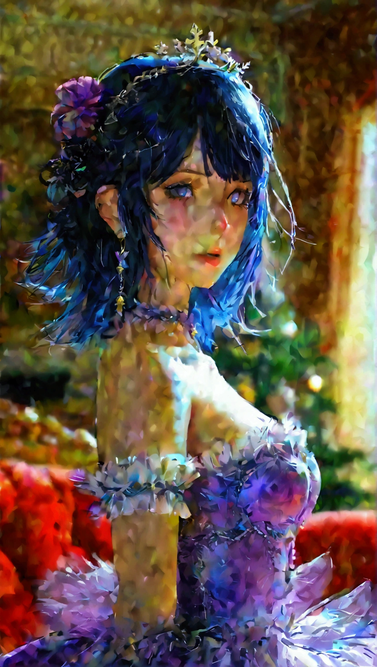 A girl with a a dark blue hime cut hairstyle, white eyes, large breasts, slender and curvaceous body, wearing a purple shoulder off xmas dress on living room.