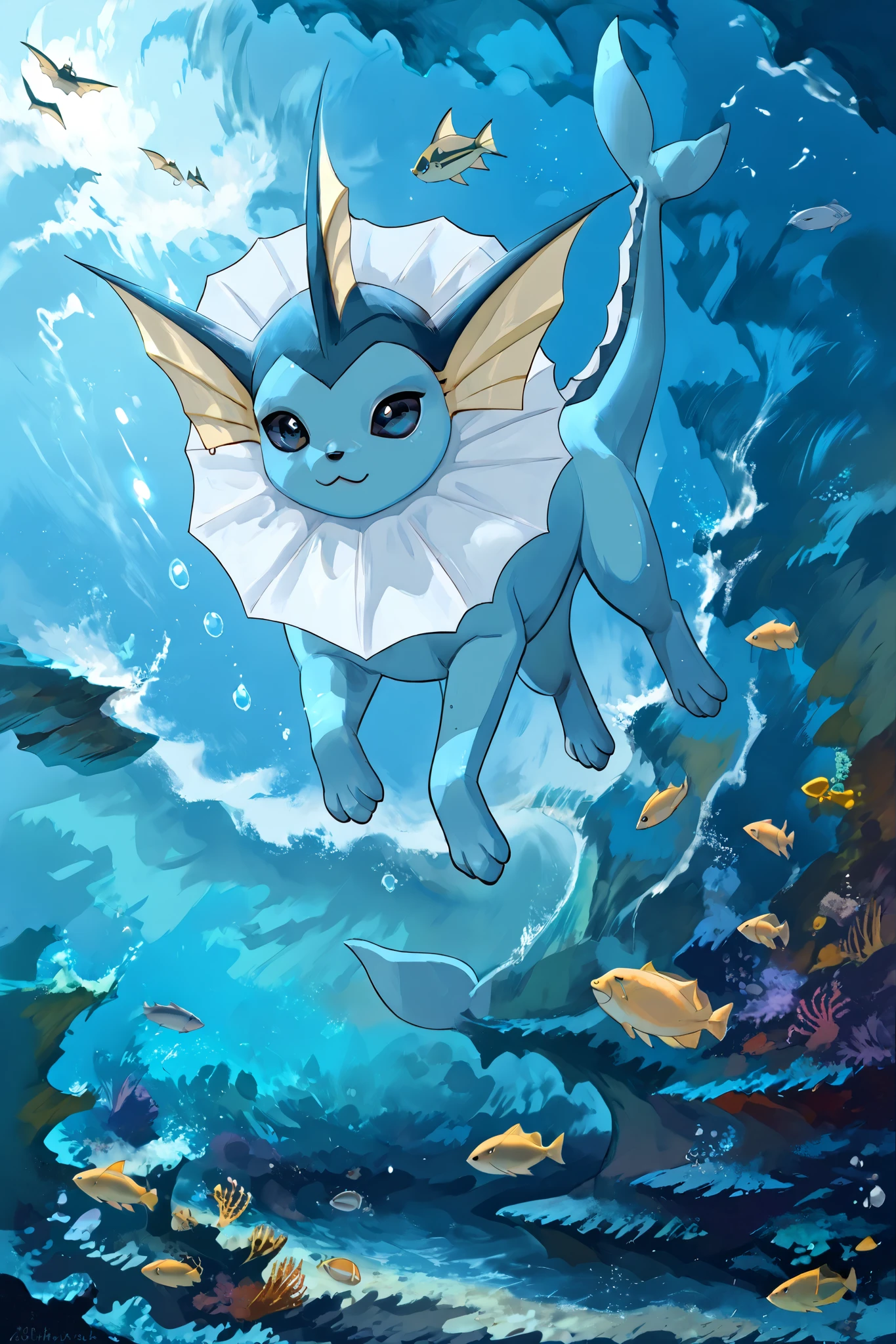 [char1="feral:1.6, cute, slim, vaporeon, dark blue eyes, detailed underwater light's effect, perfect vaporeon:1.5, detailed eyes, perfect vaporeon's tail, 4 paws, aerial shot, otter:0.5, profile:1,4"], char1 swimms in front of the sea,jump's out from ocean's wave tunnel, partially underwater view:1.5, simple colors, bobbles of air, high reef's detailed, super illustration, dynamic, masterpice, breathtaking art, sdxl,  realistic water_sea_, {cartoon|anime}illustration style, by hioshiru:0.4, deep of view