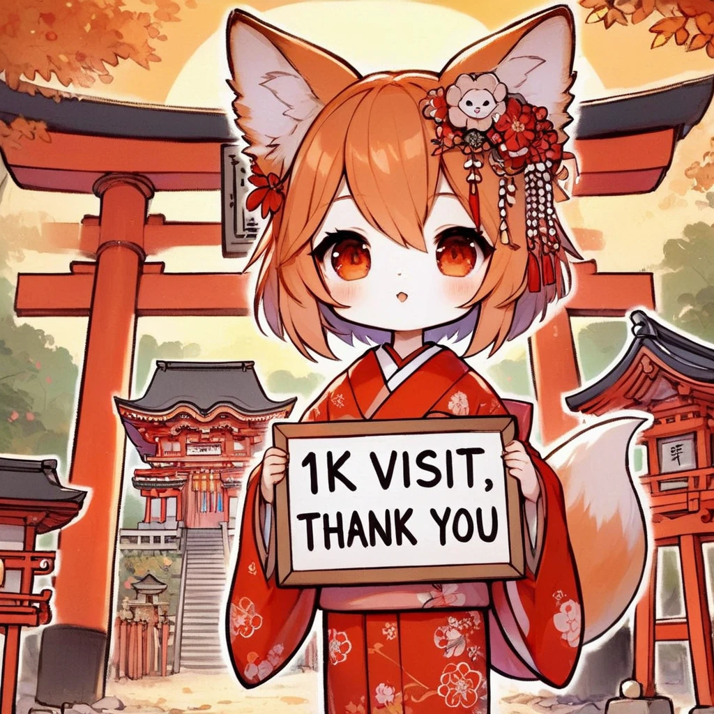   masterpiece :1.2， top quality 、 high definition 、Inari Shrine torii gate 、 Detailed Description 、"1ｋ　Visit　 thank you" written on it、cute、Little character holding a board with Kogitsune Musume ，