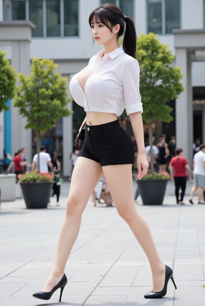 "Produce a half-body image of a tall woman walking confidently in a side pose at an outdoor mall. She wears a modern crop top blouse ensemble styled after Chinese street fashion, accessorized with a handbag. Her tall, slender figure and curvaceous silhouette stand out against the lively city mall setting with contemporary architecture and urban vibrance." she have big breasts long legs, perfect body and hands, wearing various colors crop, (she is wearing short hotpants), from side walking pose, black ponytail hairstyle